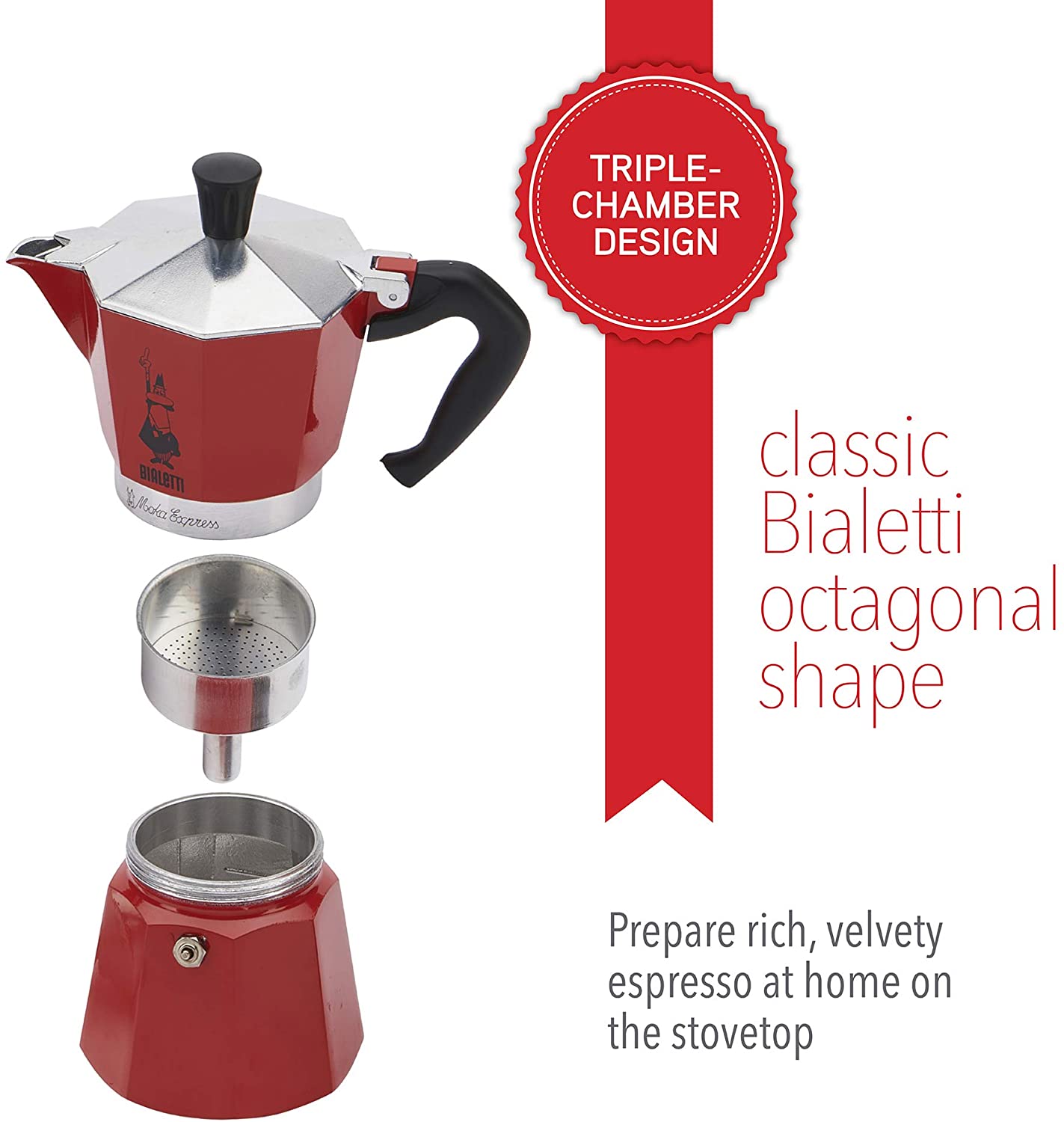 Bialetti 3 Cup Moka Stovetop Espresso Maker, Black / Red