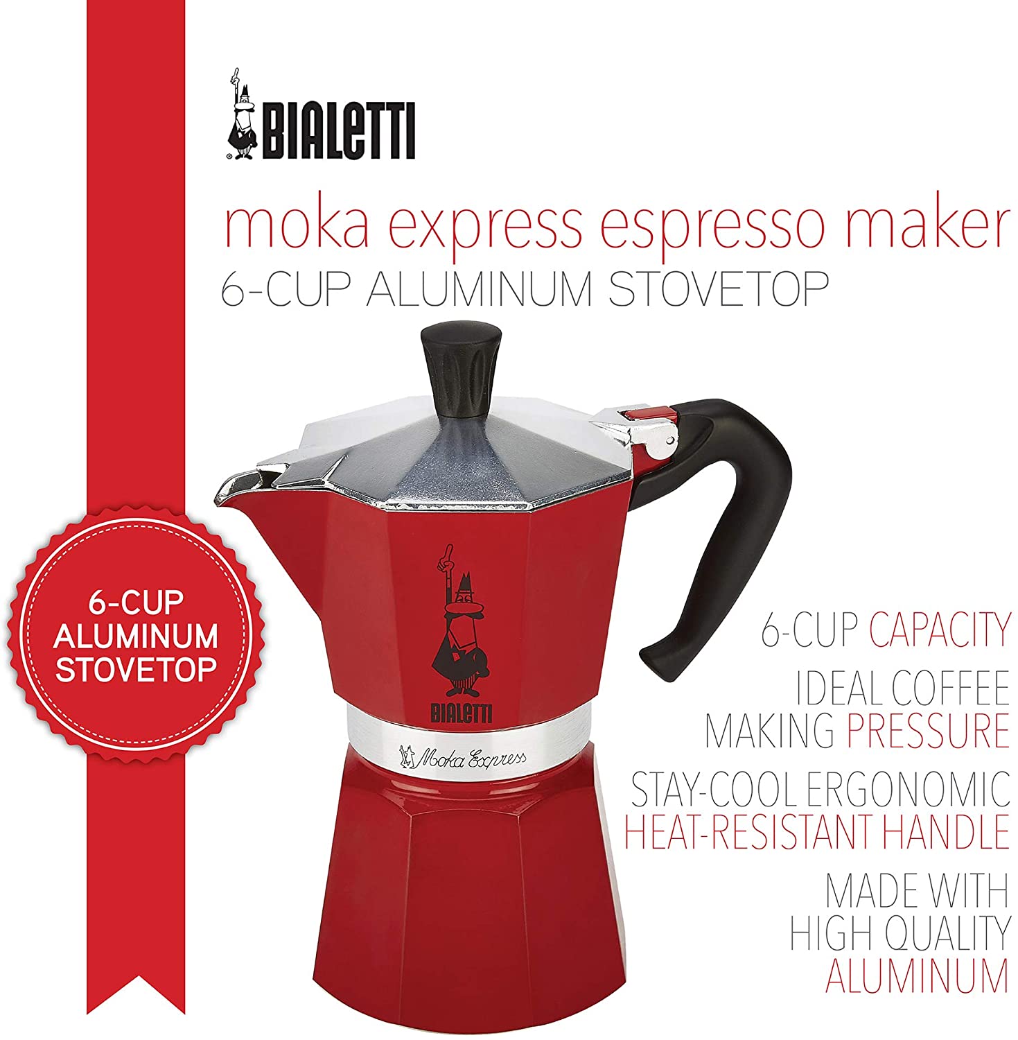 Bialetti 3 Cup Moka Stovetop Espresso Maker, Black / Red